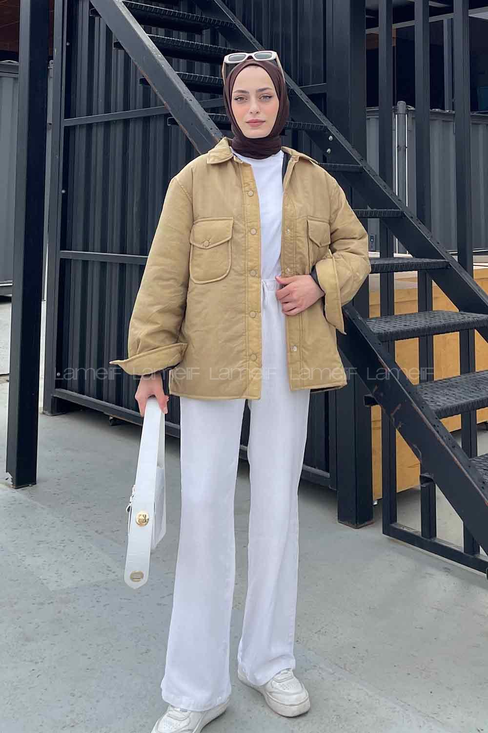 Lamelif Rogers Mat Görünümlü Çıtçıtlı Mont Camel