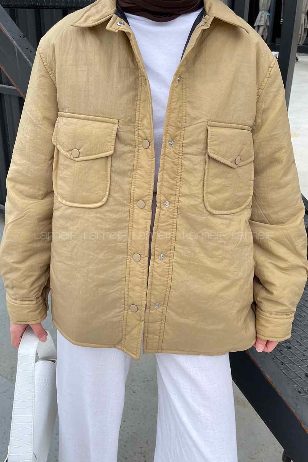 Lamelif Rogers Mat Görünümlü Çıtçıtlı Mont Camel