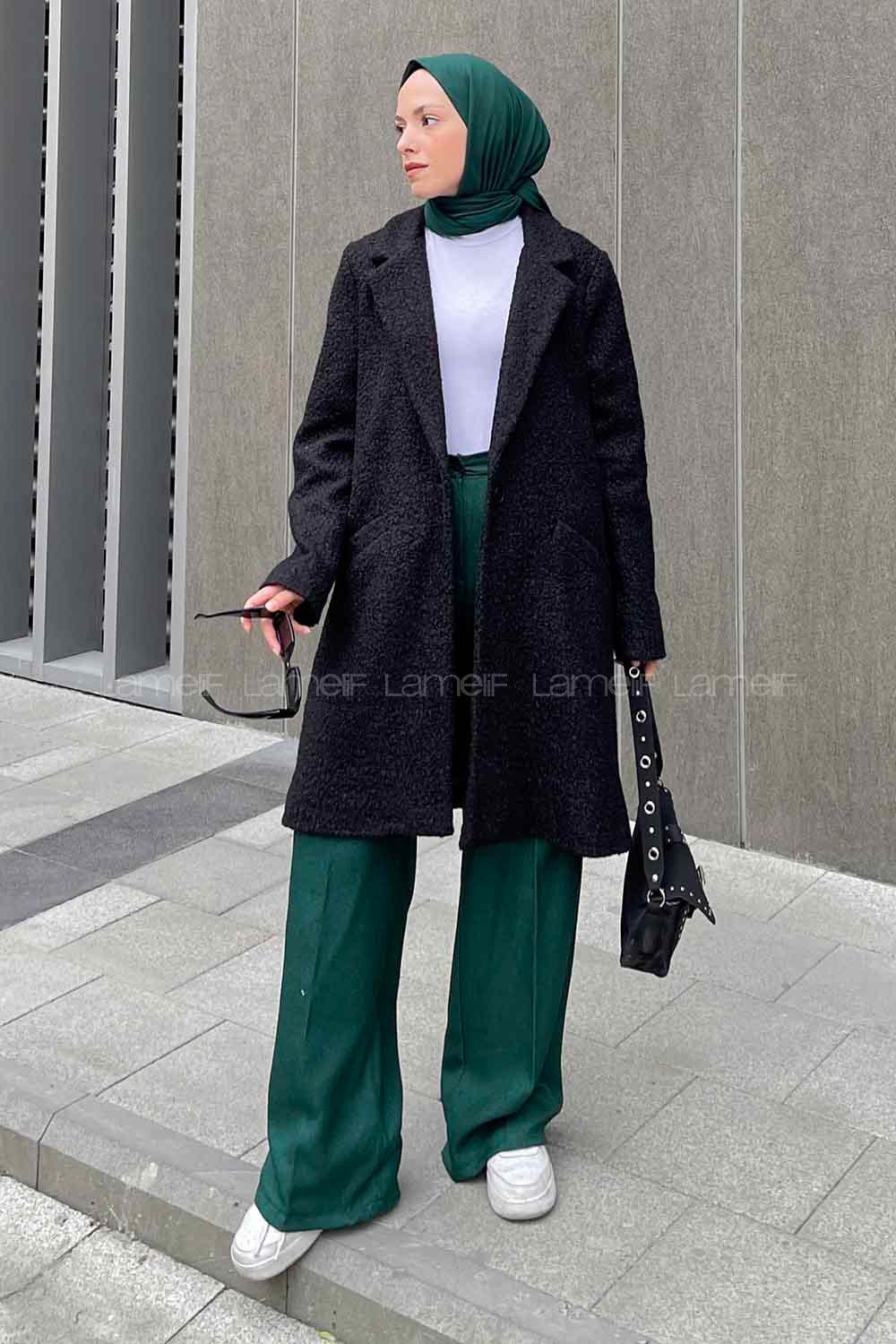 Lamelif Valeria Tek Düğmeli Peluş Kaban Siyah