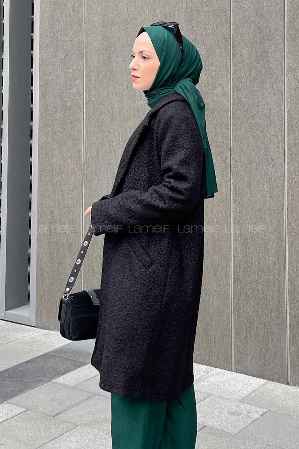 Lamelif Valeria Tek Düğmeli Peluş Kaban Siyah