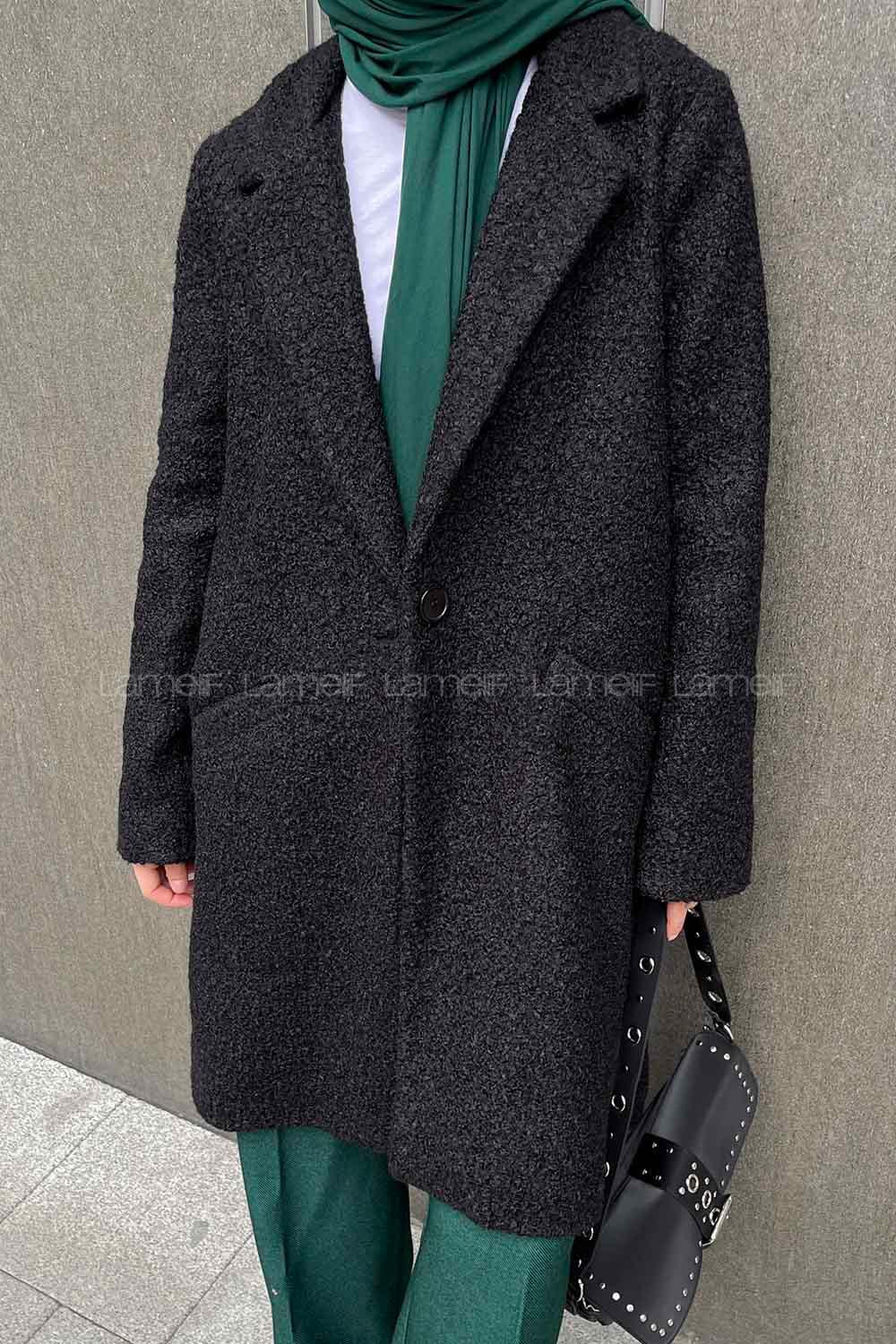 Lamelif Valeria Tek Düğmeli Peluş Kaban Siyah