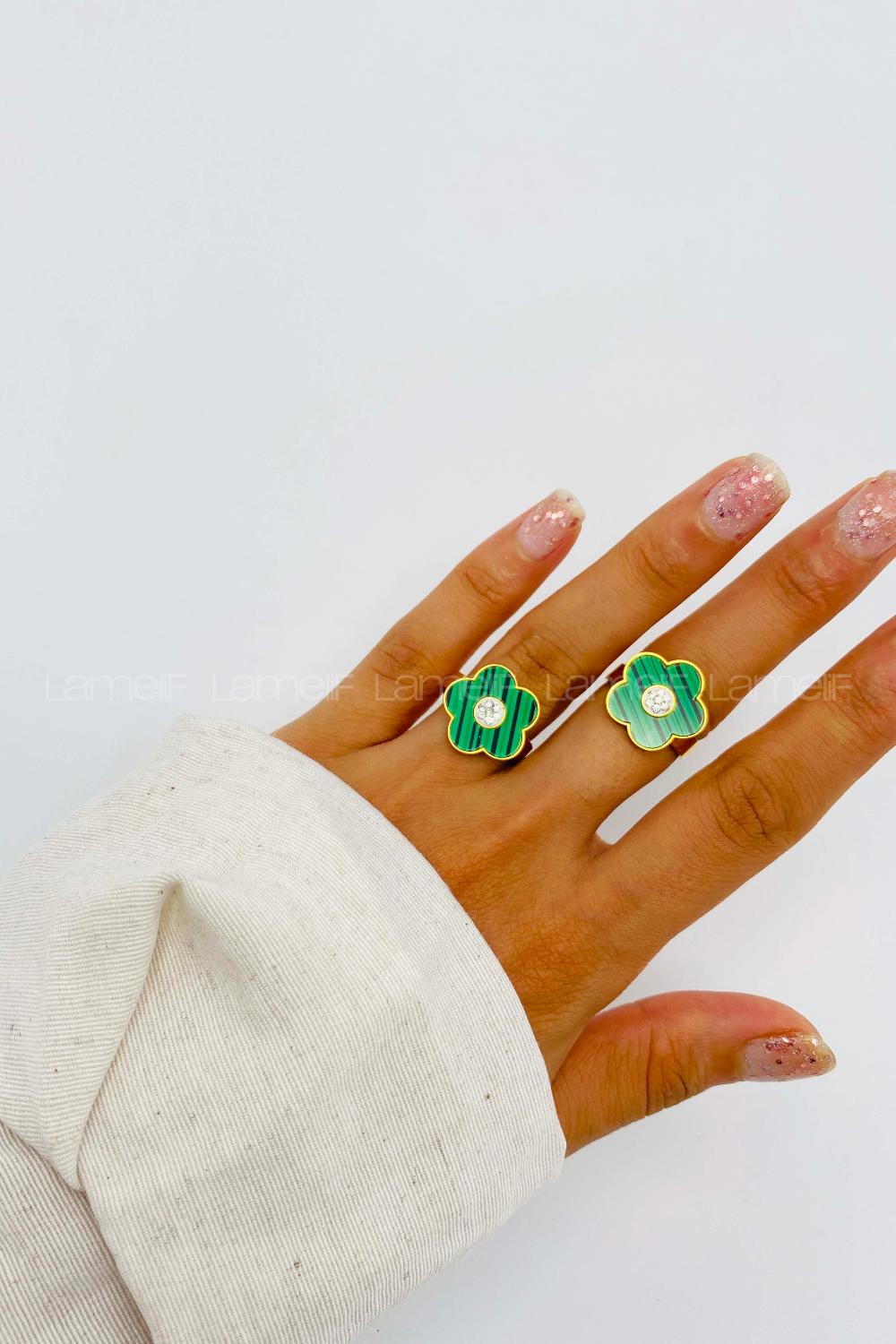 Lamelif Yüksek Kalite Çelik(316L) Gold Yeşil Yonca Yüzük