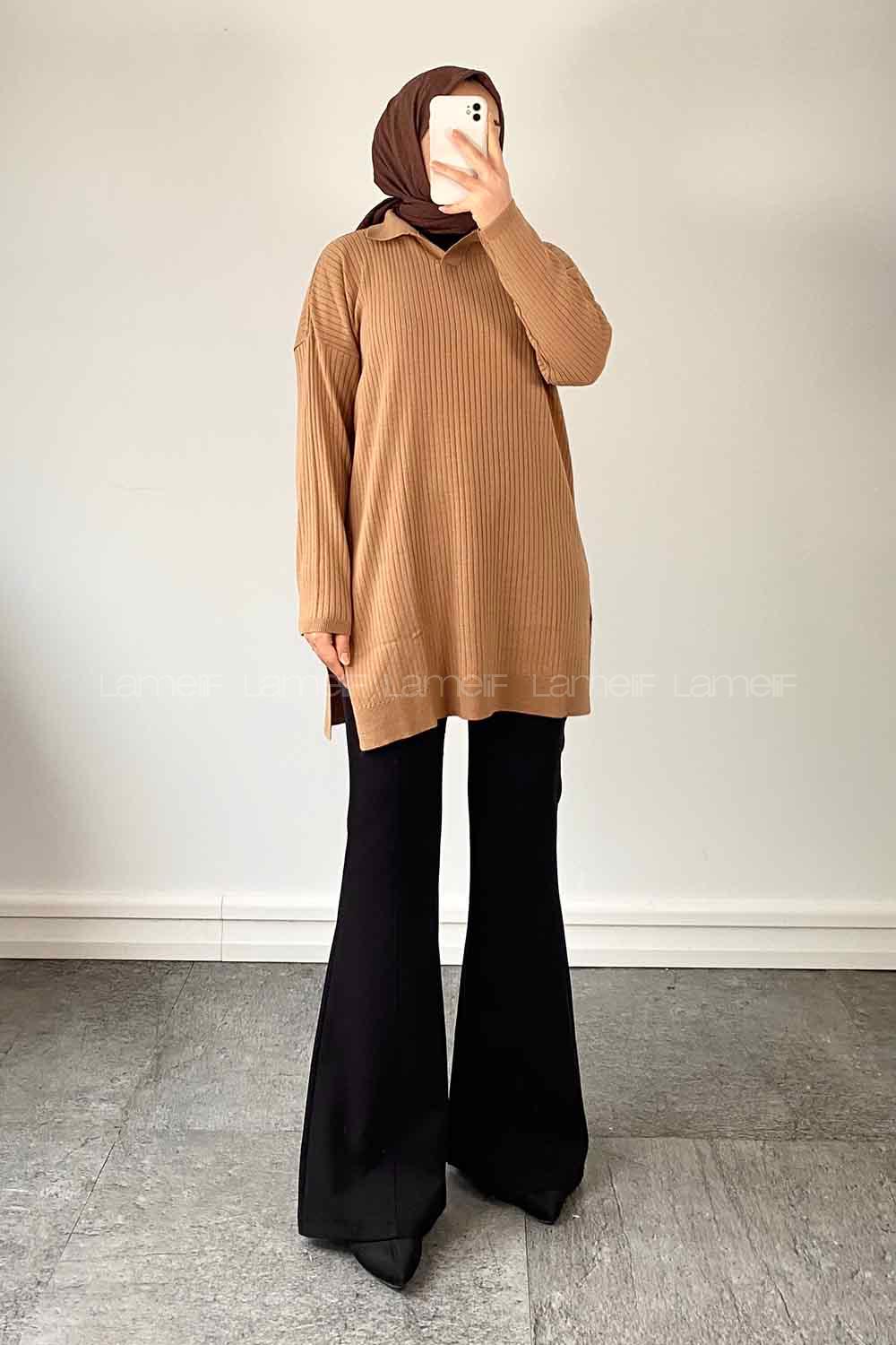 Camel Shirt Collar Knitwear Tunic