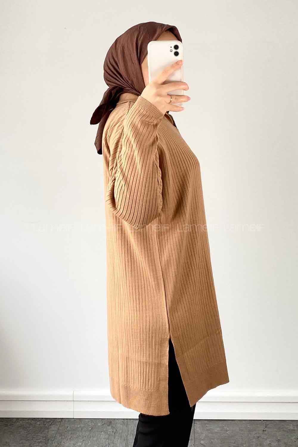 Camel Shirt Collar Knitwear Tunic