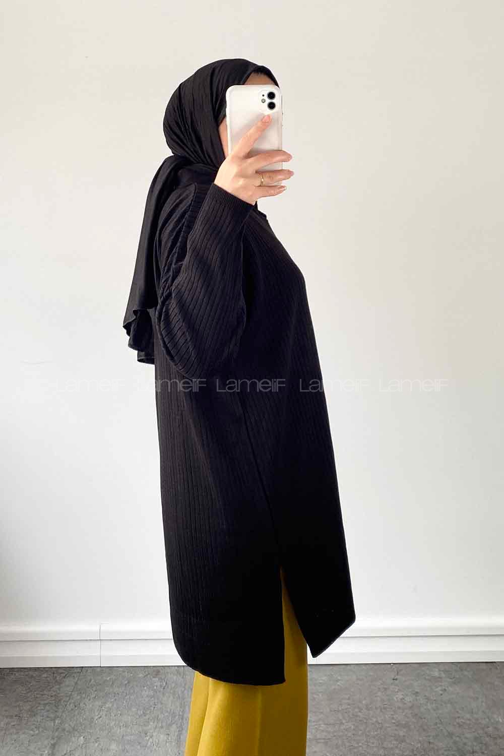 Black Shirt Collar Knitwear Tunic