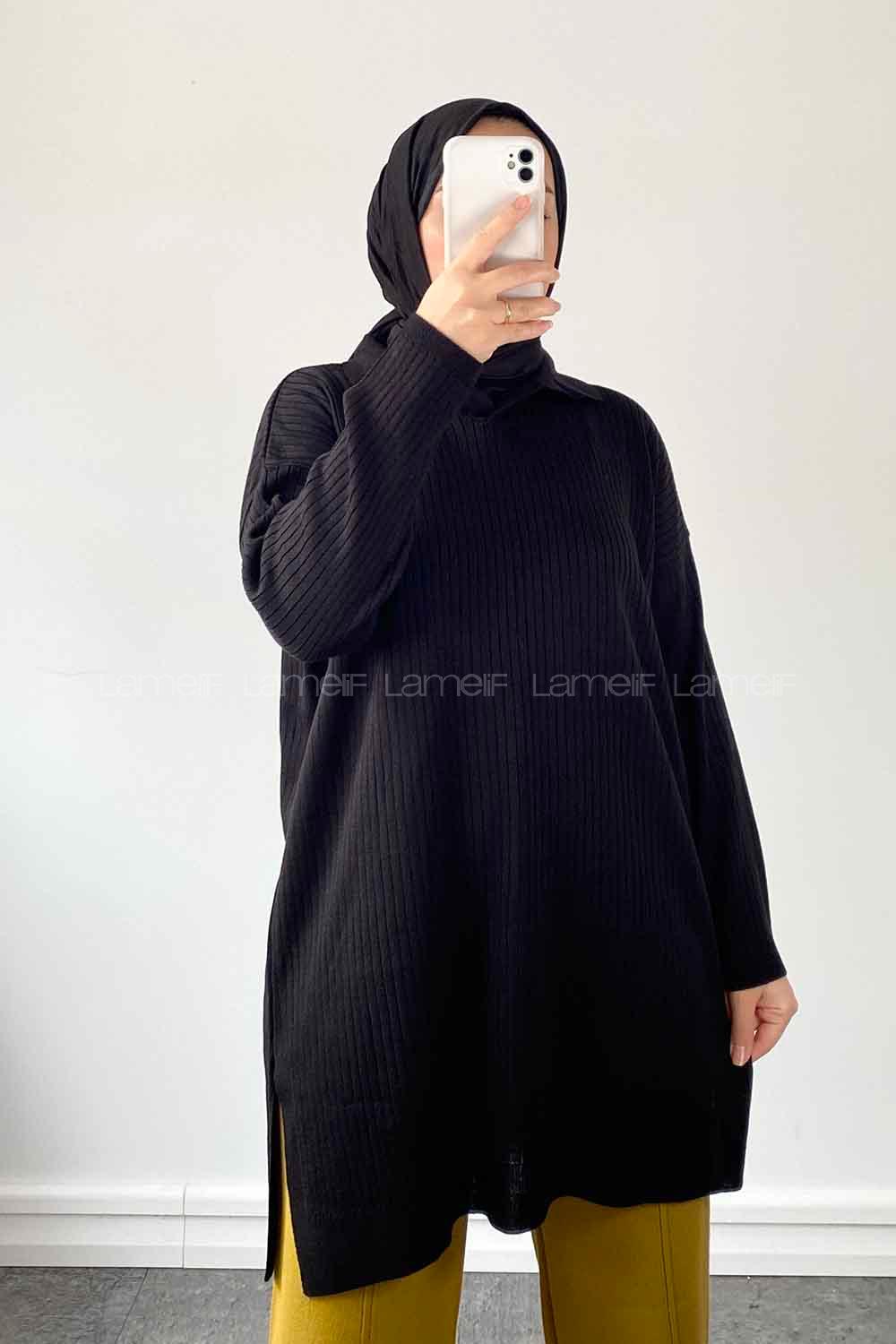 Black Shirt Collar Knitwear Tunic
