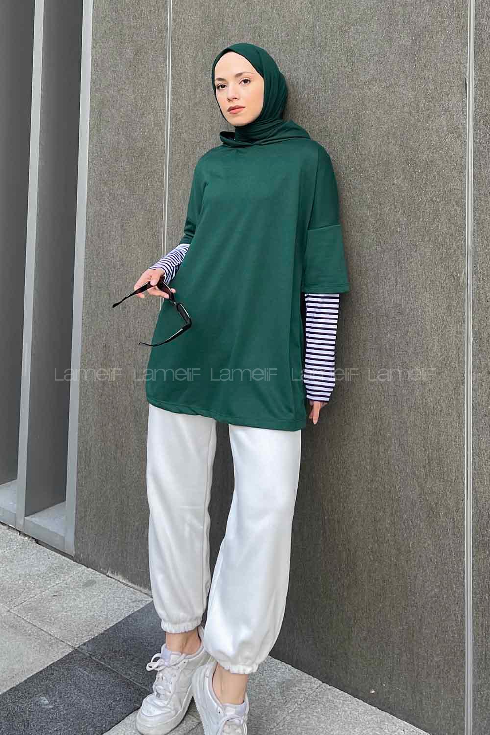 Lamelif Kolu Çizgi Detaylı  Kapüşonlu Sweat Zümrüt
