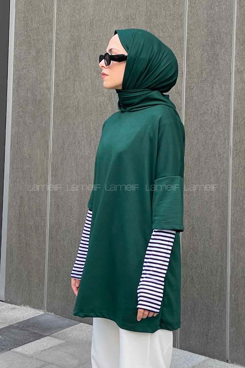 Lamelif Kolu Çizgi Detaylı  Kapüşonlu Sweat Zümrüt