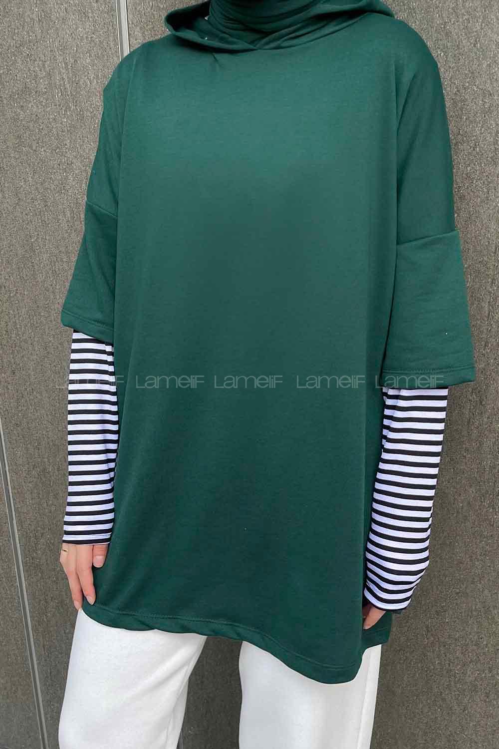 Lamelif Kolu Çizgi Detaylı  Kapüşonlu Sweat Zümrüt