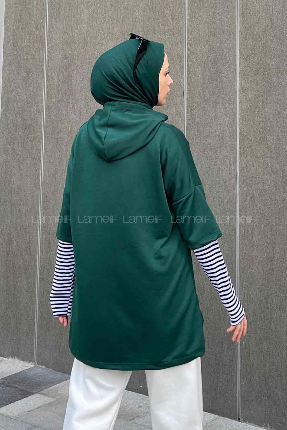 Lamelif Kolu Çizgi Detaylı  Kapüşonlu Sweat Zümrüt