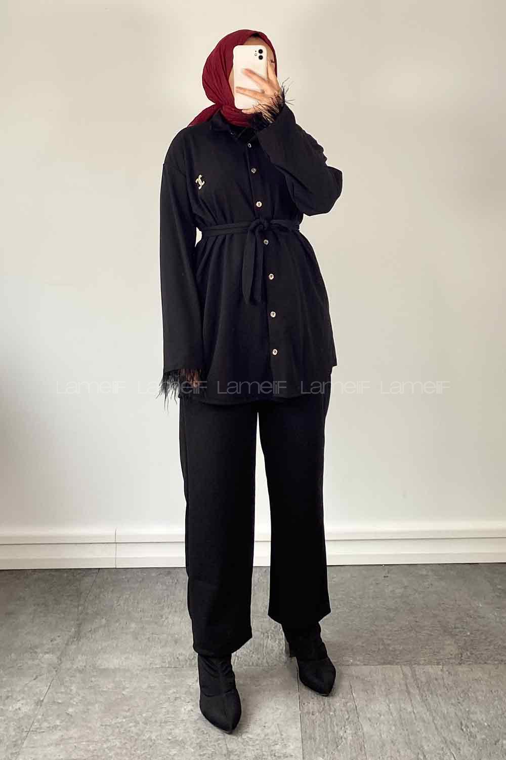 Black Shirt Collar Long Arm Belted Buckle Crepe Fabric Regular Trousers Comfortable Suit