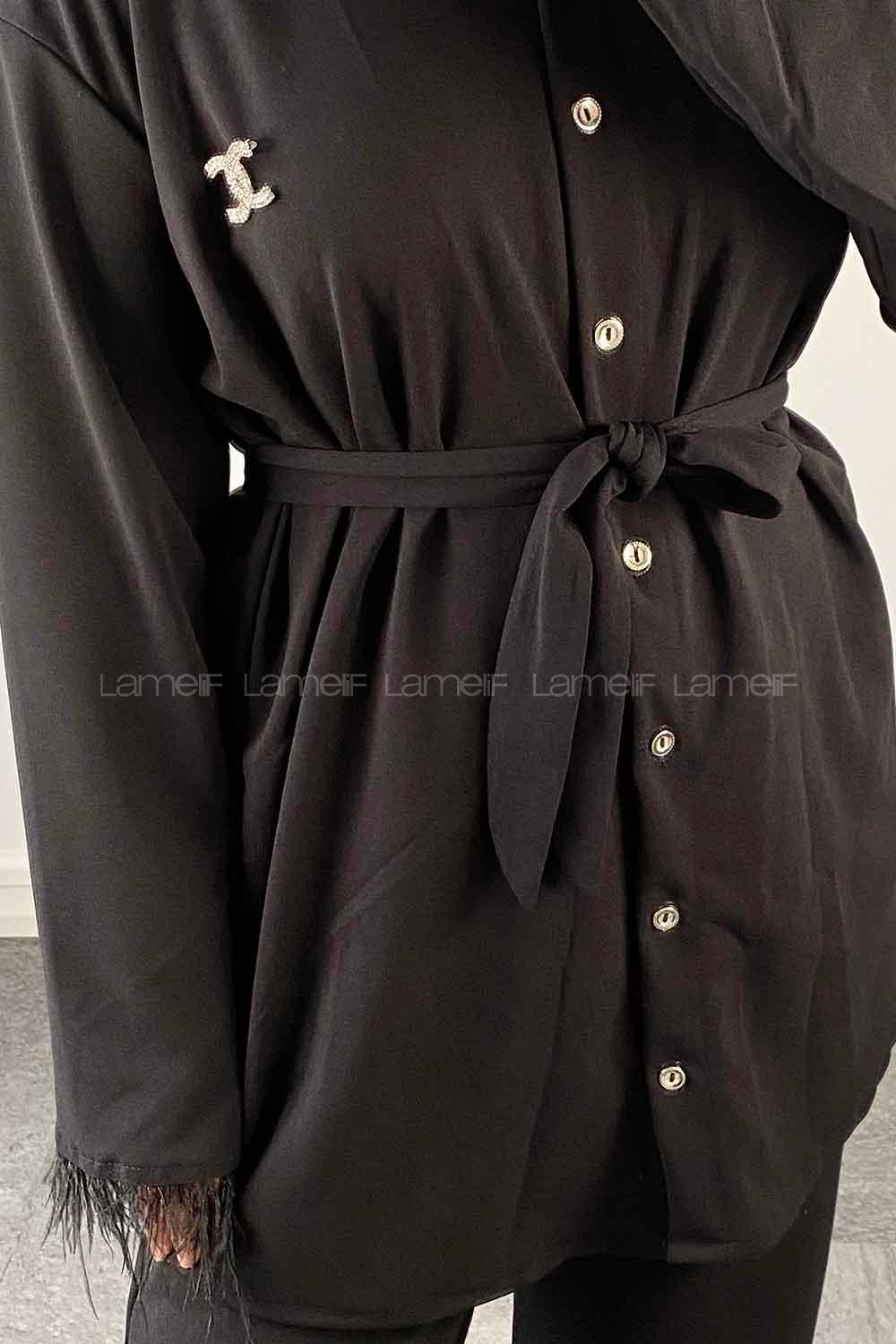 Black Shirt Collar Long Arm Belted Buckle Crepe Fabric Regular Trousers Comfortable Suit