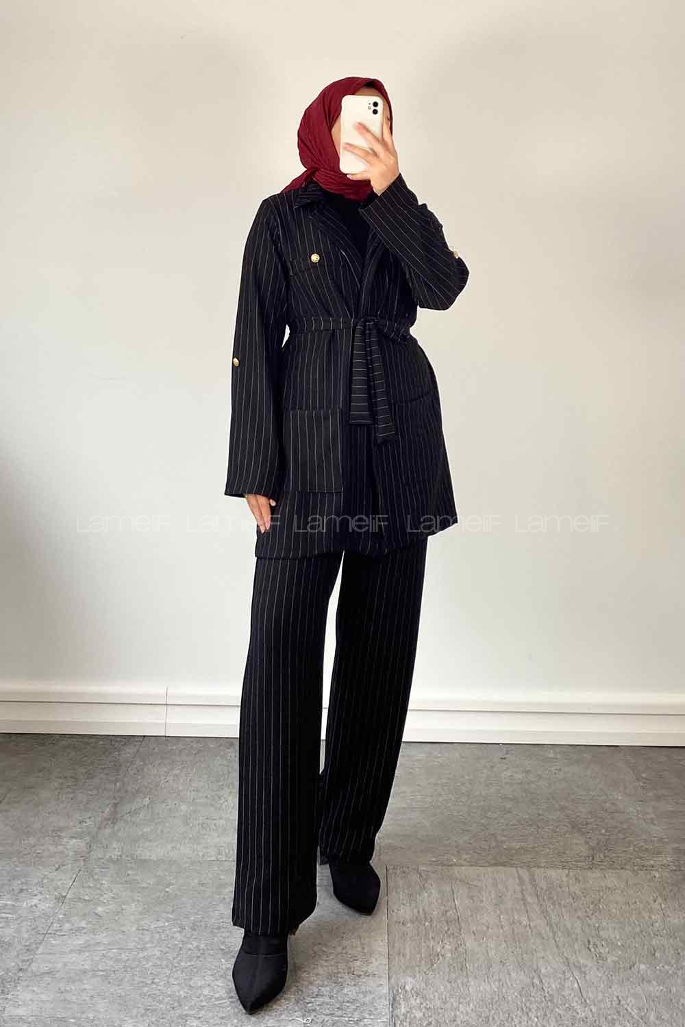 Black V Neck Long Arm Belted Crepe Fabric Regular Trousers Comfortable Suit