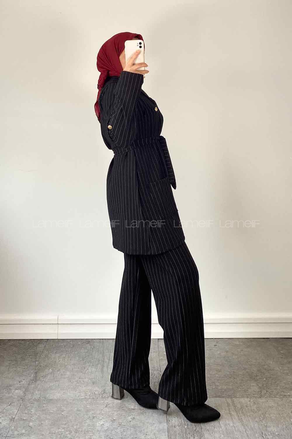 Black V Neck Long Arm Belted Crepe Fabric Regular Trousers Comfortable Suit