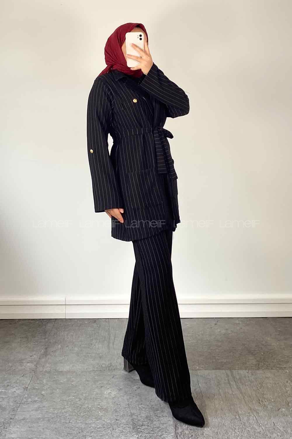Black V Neck Long Arm Belted Crepe Fabric Regular Trousers Comfortable Suit