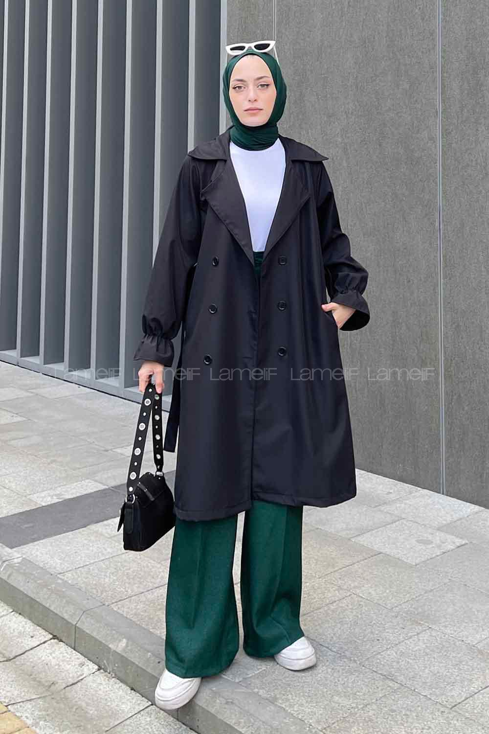 Lamelif  Guevara Kol Büzgülü Trençkot Siyah