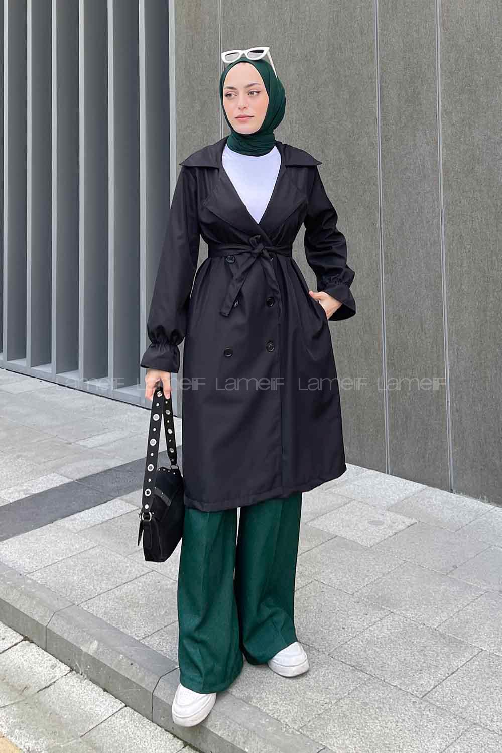 Lamelif  Guevara Kol Büzgülü Trençkot Siyah