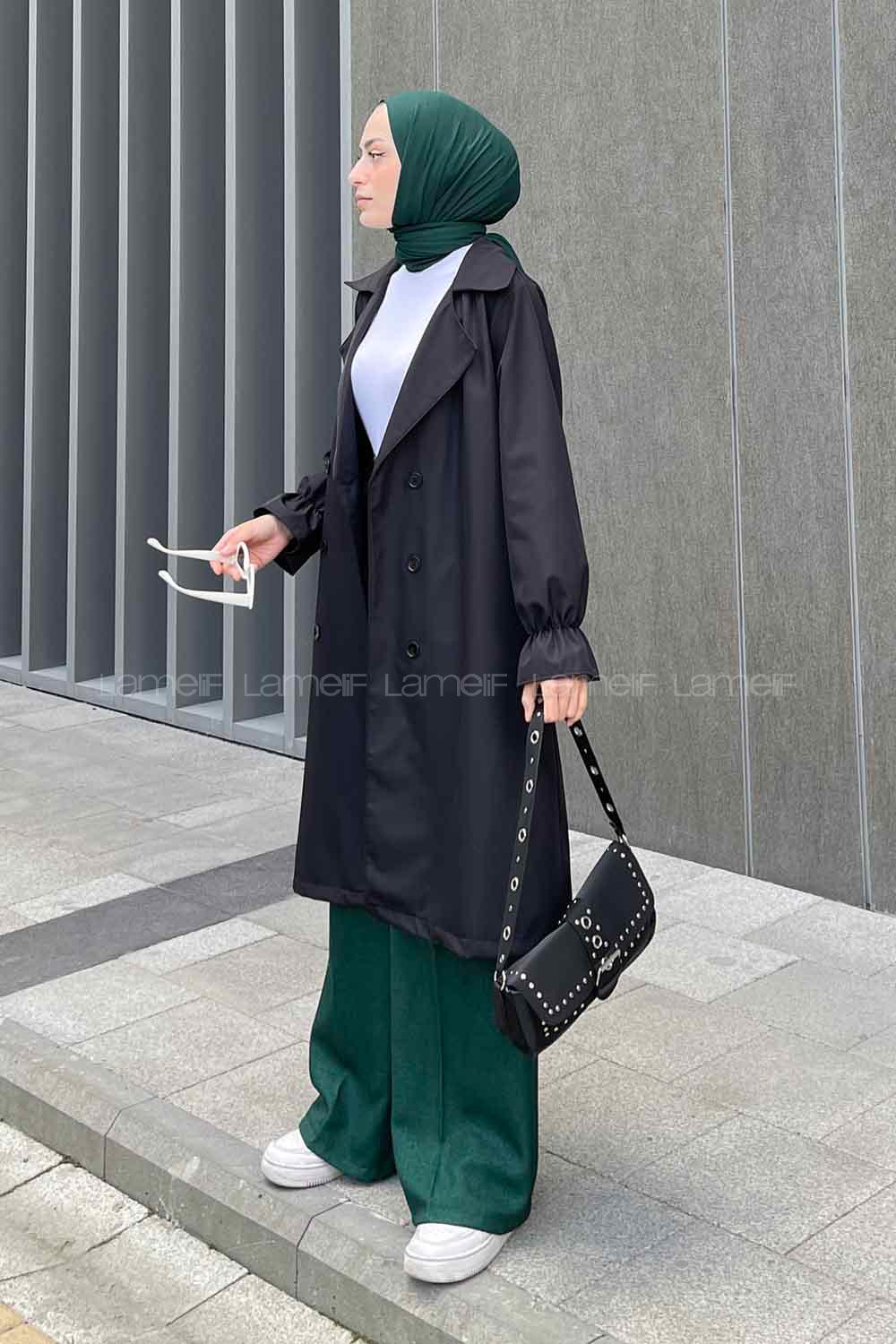 Lamelif  Guevara Kol Büzgülü Trençkot Siyah