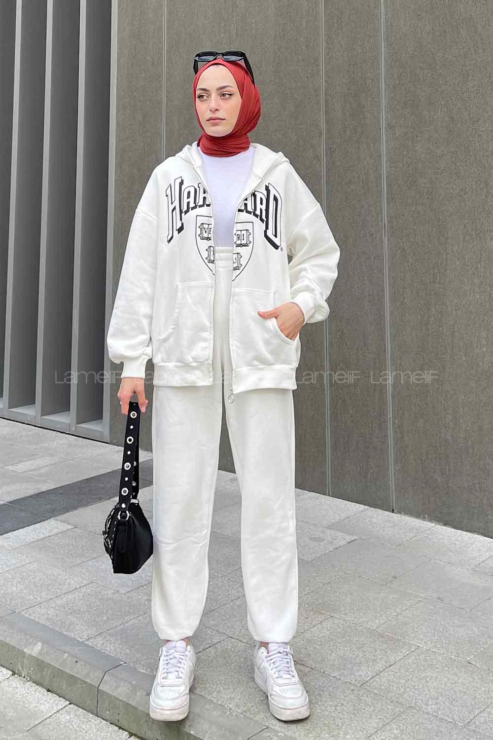 White Hood Neck Long Arm Cotton Fabric Comfortable Suit