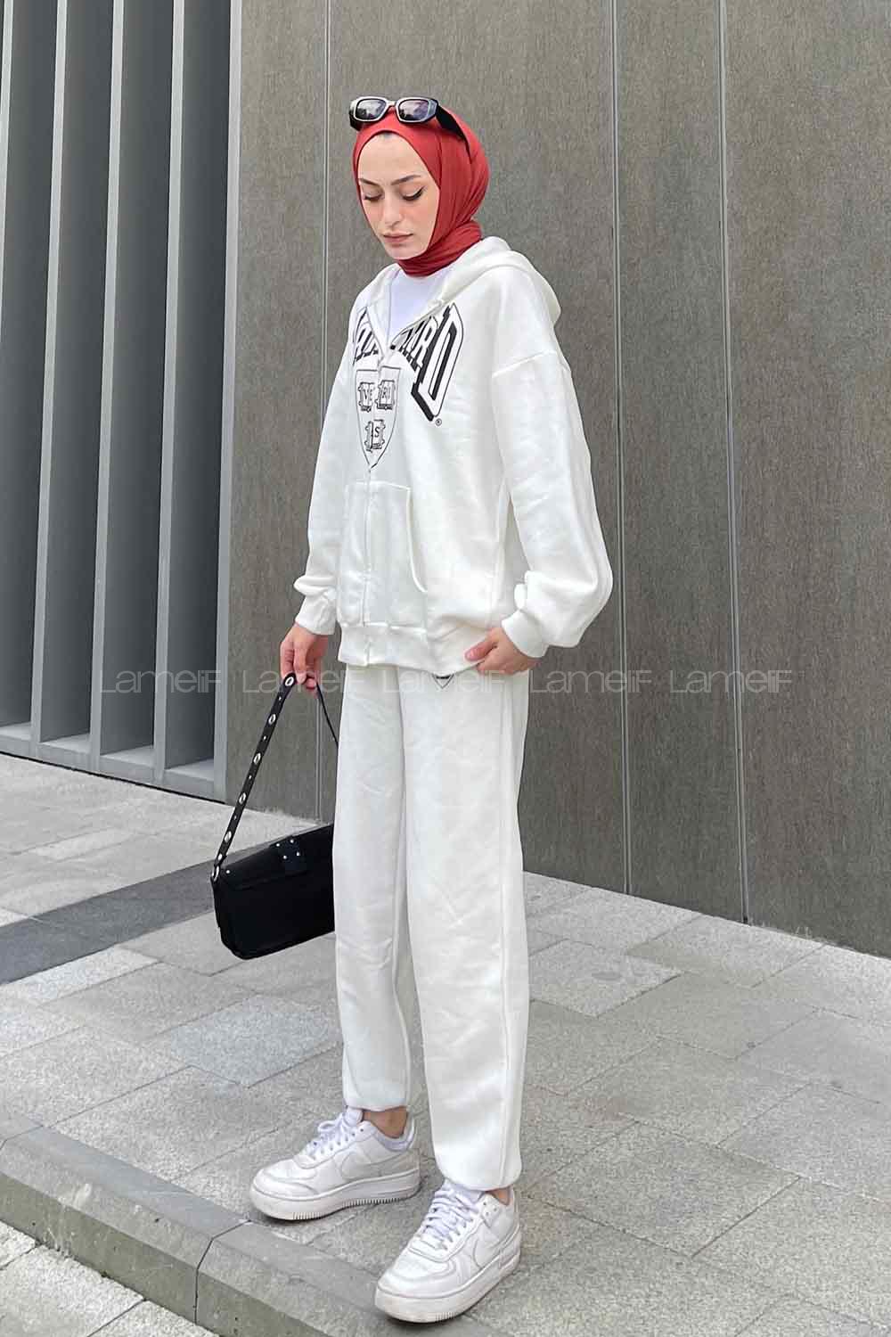 White Hood Neck Long Arm Cotton Fabric Comfortable Suit