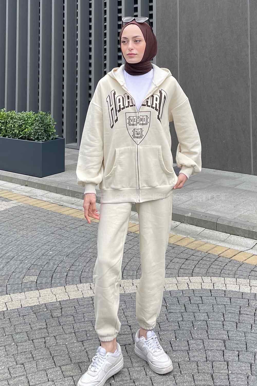 Cream Hood Neck Long Arm Cotton Fabric Comfortable Suit