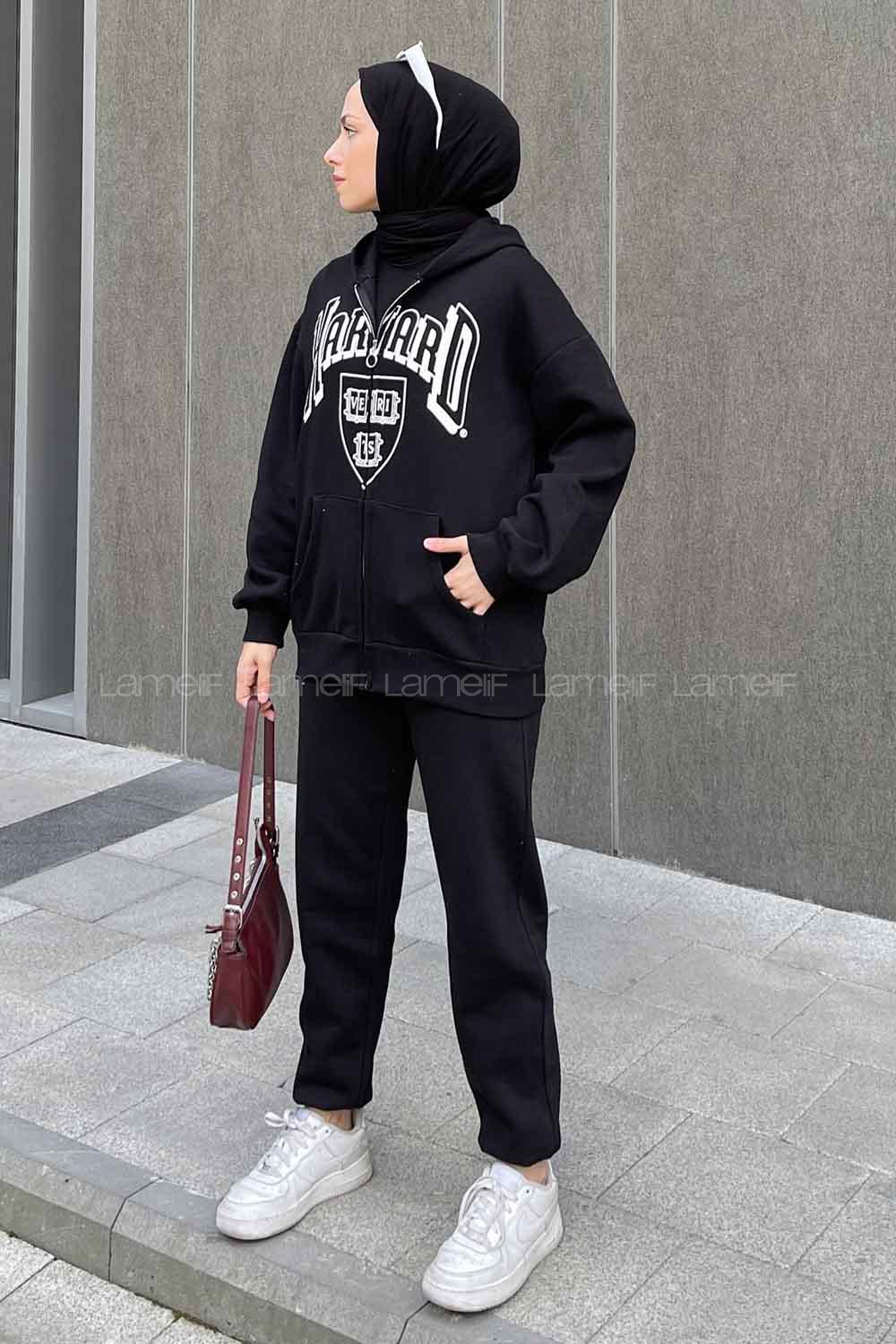 Black Hood Neck Long Arm Cotton Fabric Comfortable Suit