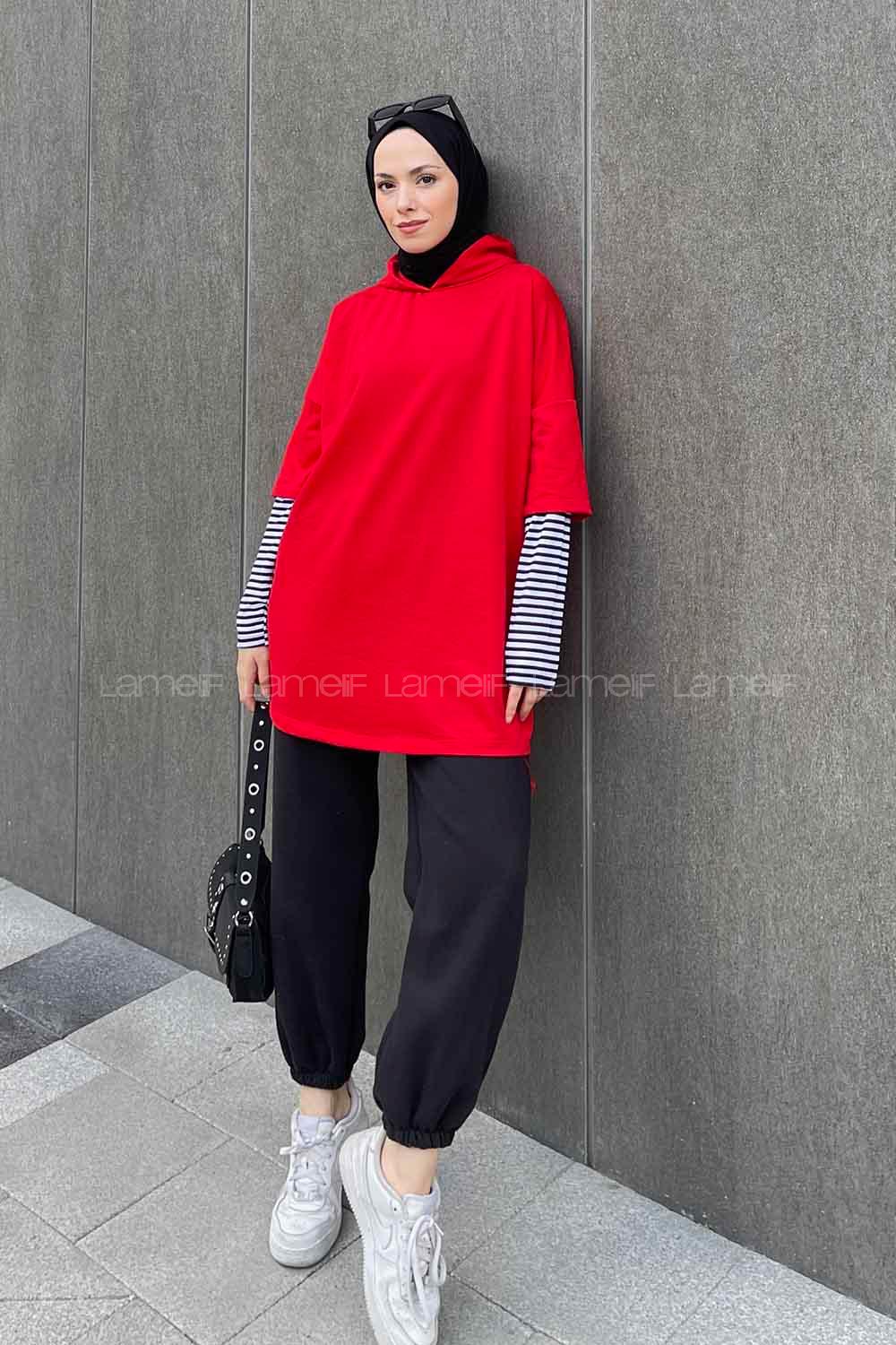 Red Hood Neck Long Arm Unprinted Sweatshirt