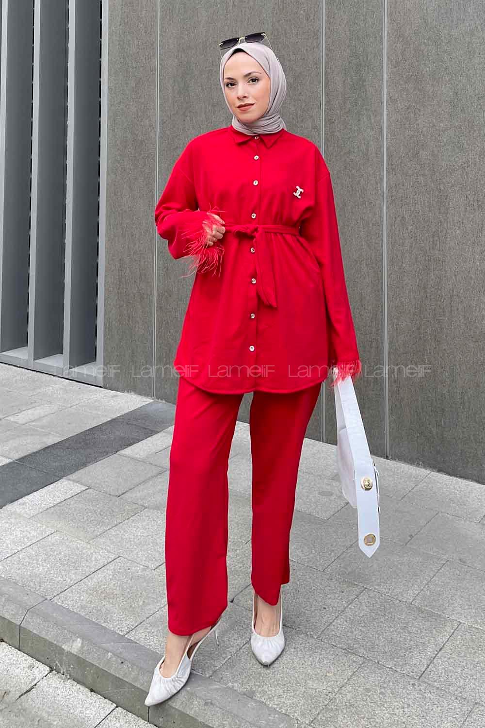 Red Shirt Collar Long Arm Belted Buckle Crepe Fabric Regular Trousers Comfortable Suit