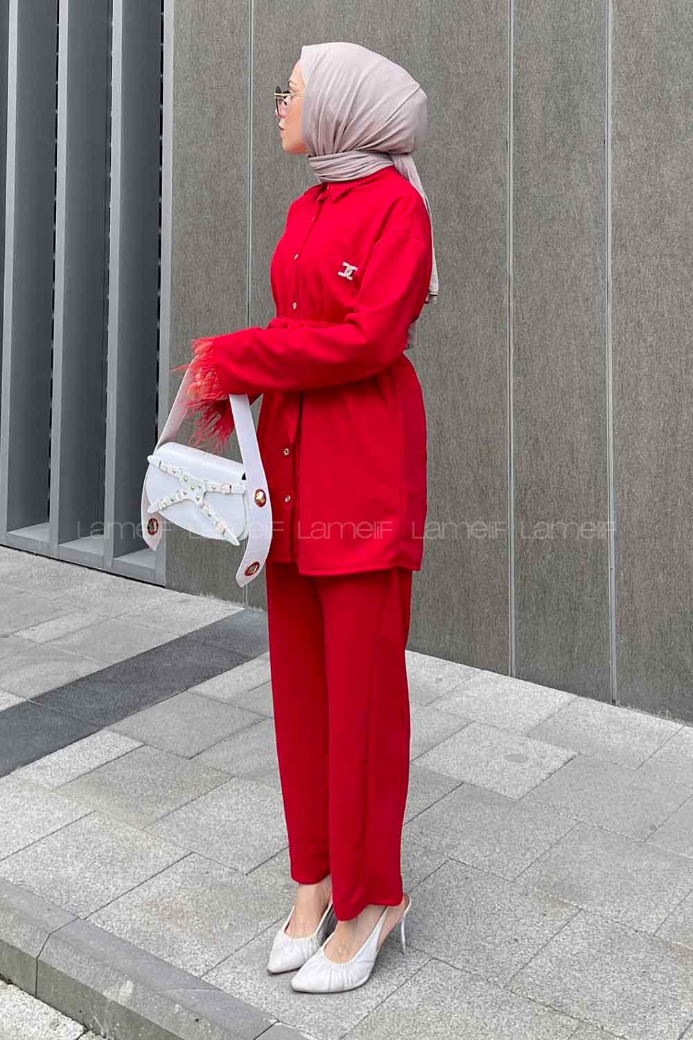 Red Shirt Collar Long Arm Belted Buckle Crepe Fabric Regular Trousers Comfortable Suit