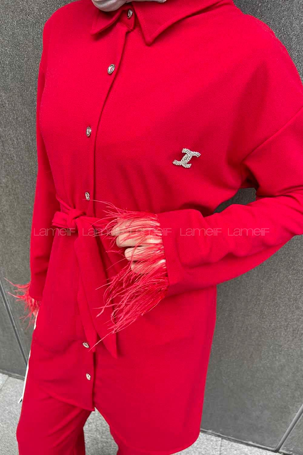 Red Shirt Collar Long Arm Belted Buckle Crepe Fabric Regular Trousers Comfortable Suit