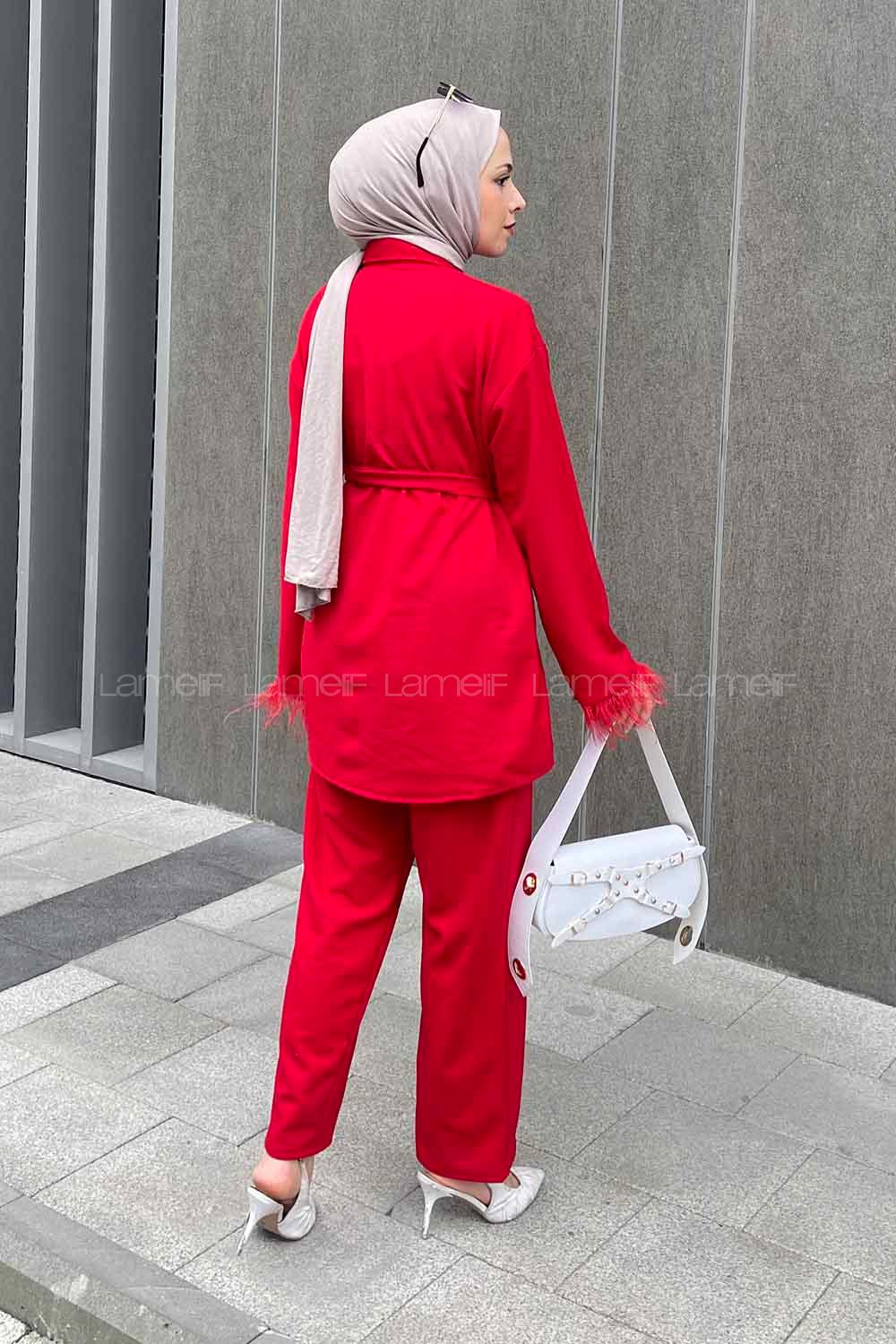 Red Shirt Collar Long Arm Belted Buckle Crepe Fabric Regular Trousers Comfortable Suit