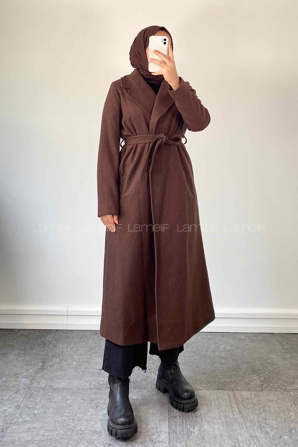 Lamelif Kuşak Bağlamalı Kaşe Kaban Acı Kahve