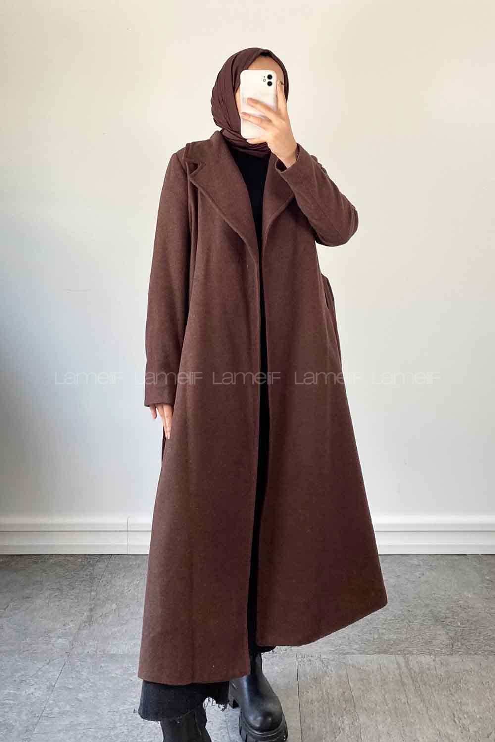 Lamelif Kuşak Bağlamalı Kaşe Kaban Acı Kahve