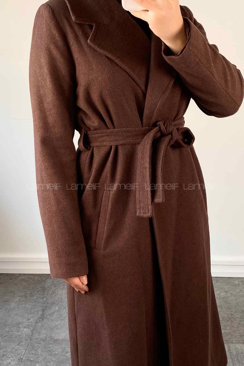 Lamelif Kuşak Bağlamalı Kaşe Kaban Acı Kahve