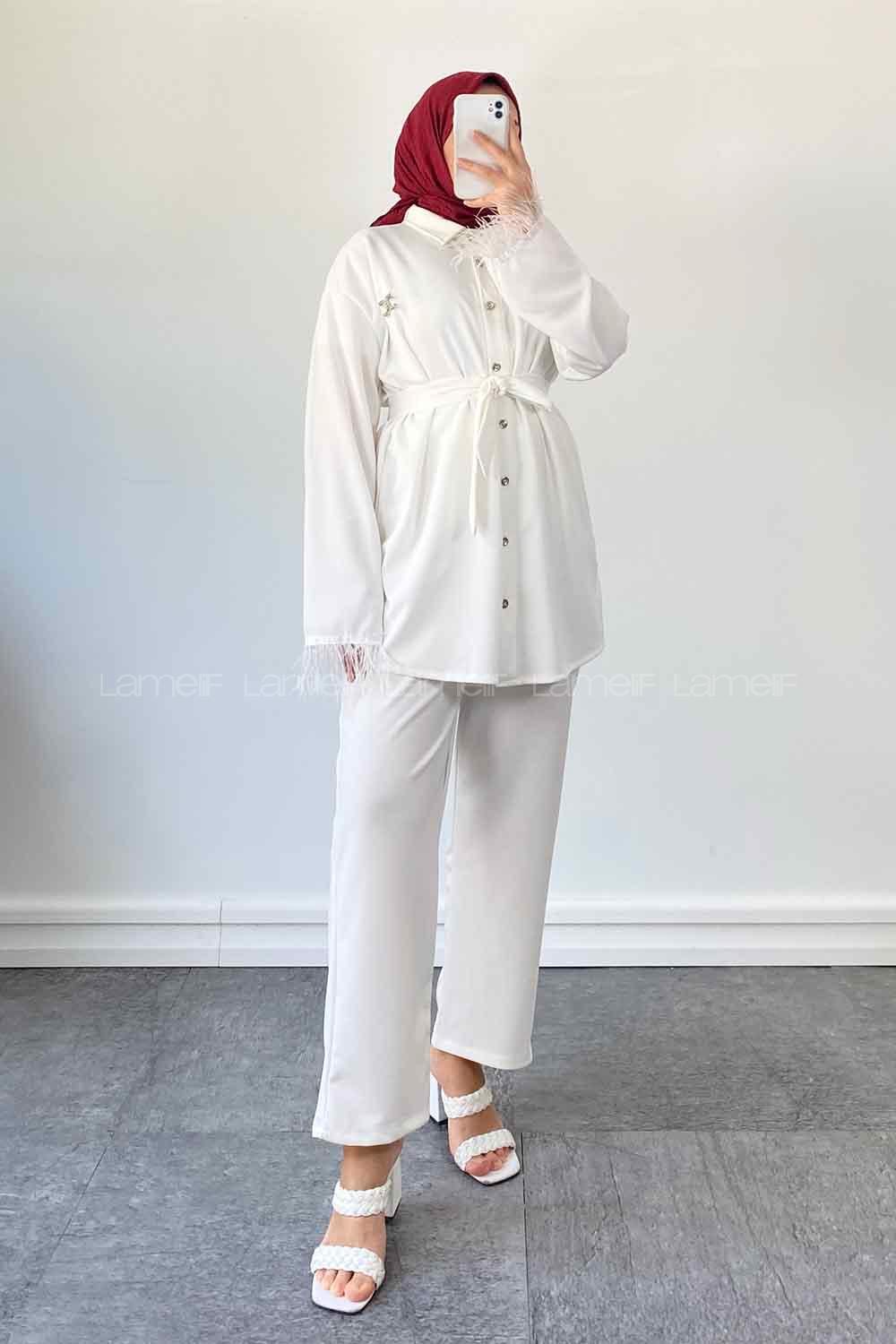 White Shirt Collar Long Arm Belted Buckle Crepe Fabric Regular Trousers Comfortable Suit