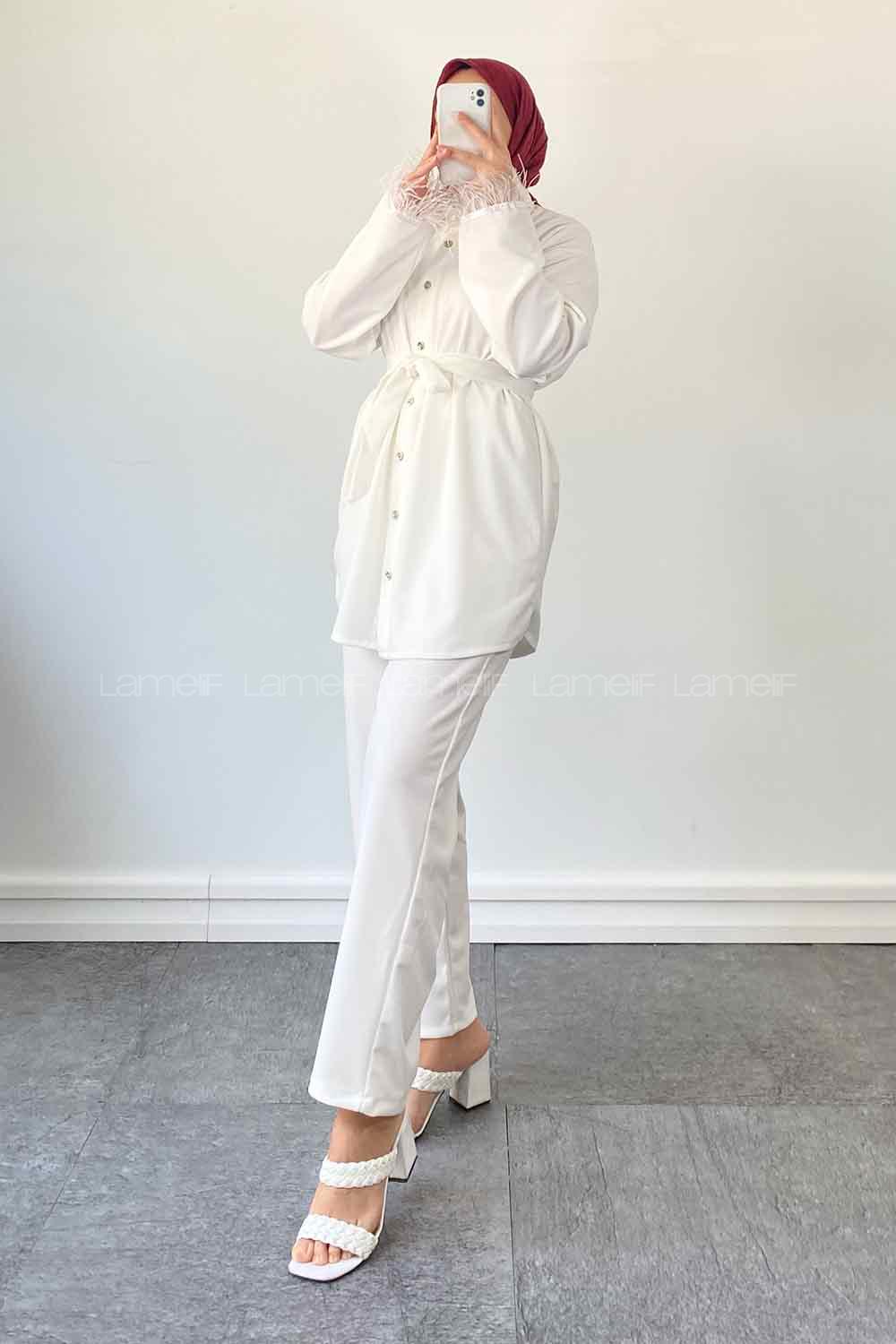 White Shirt Collar Long Arm Belted Buckle Crepe Fabric Regular Trousers Comfortable Suit