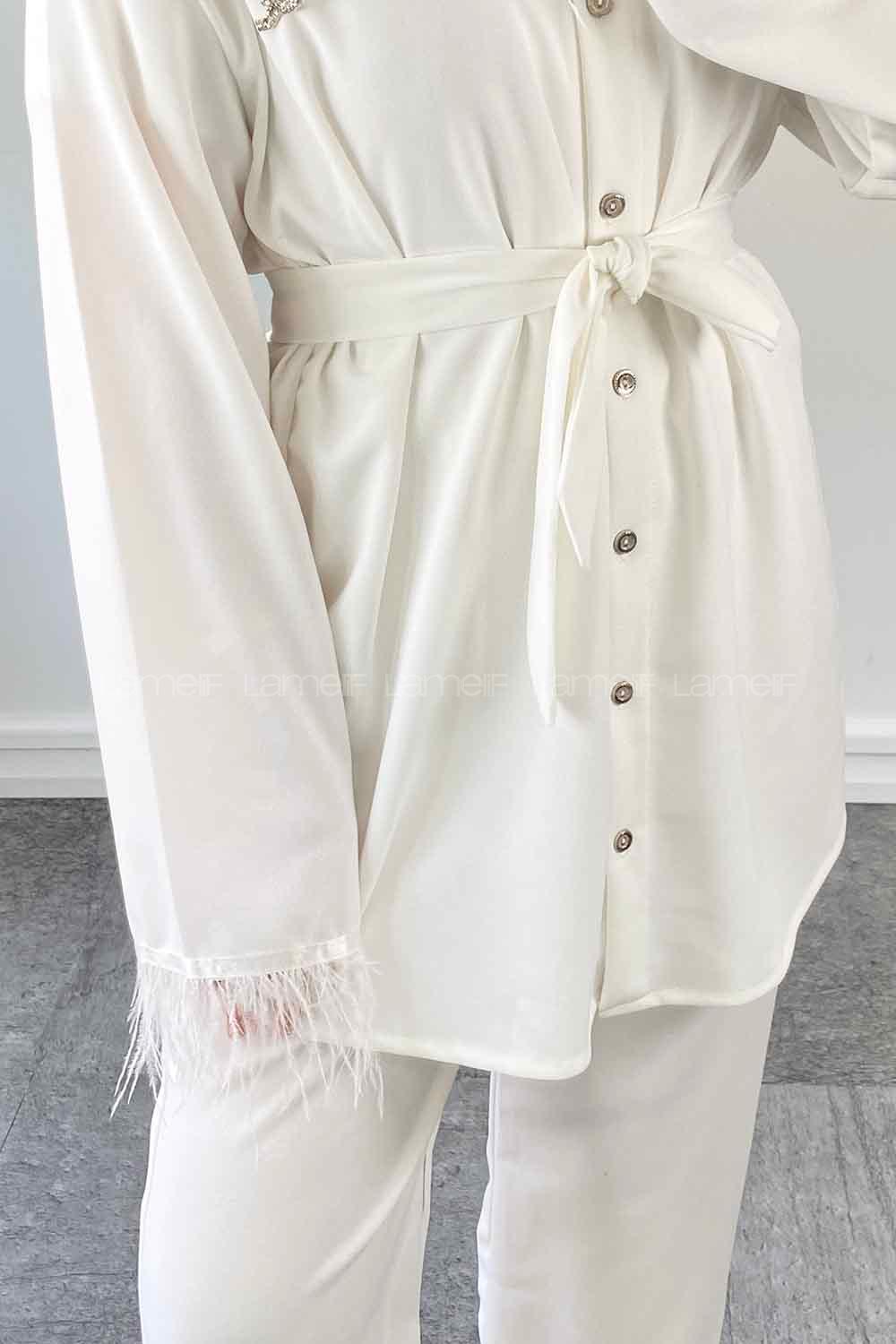 White Shirt Collar Long Arm Belted Buckle Crepe Fabric Regular Trousers Comfortable Suit