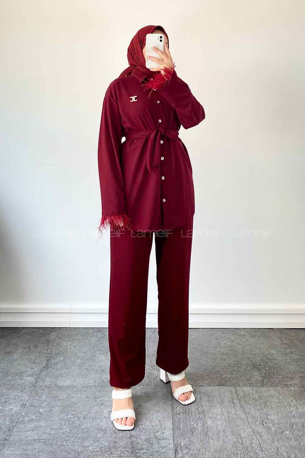Claret Red Shirt Collar Long Arm Belted Buckle Crepe Fabric Regular Trousers Comfortable Suit