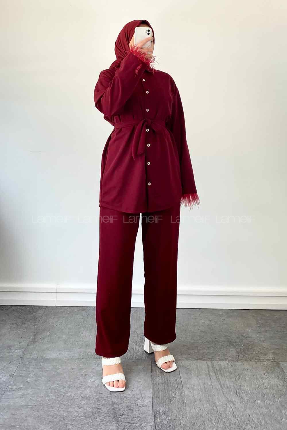 Claret Red Shirt Collar Long Arm Belted Buckle Crepe Fabric Regular Trousers Comfortable Suit