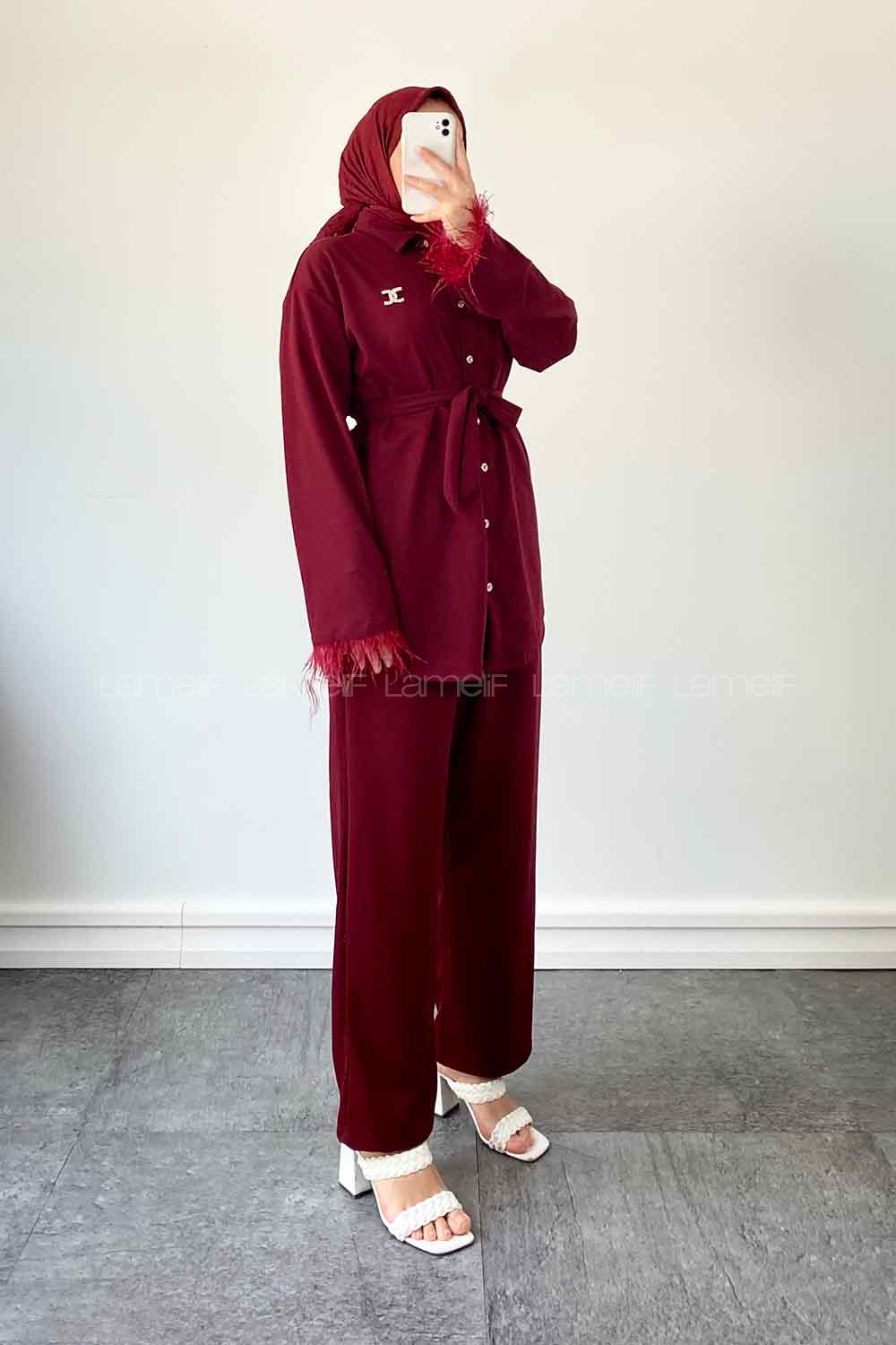 Claret Red Shirt Collar Long Arm Belted Buckle Crepe Fabric Regular Trousers Comfortable Suit
