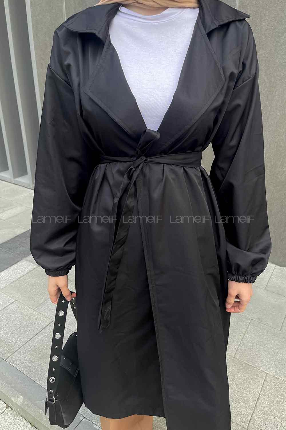 Black Balloon Sleeve Arm Belted Poplin Fabric Trench Coat