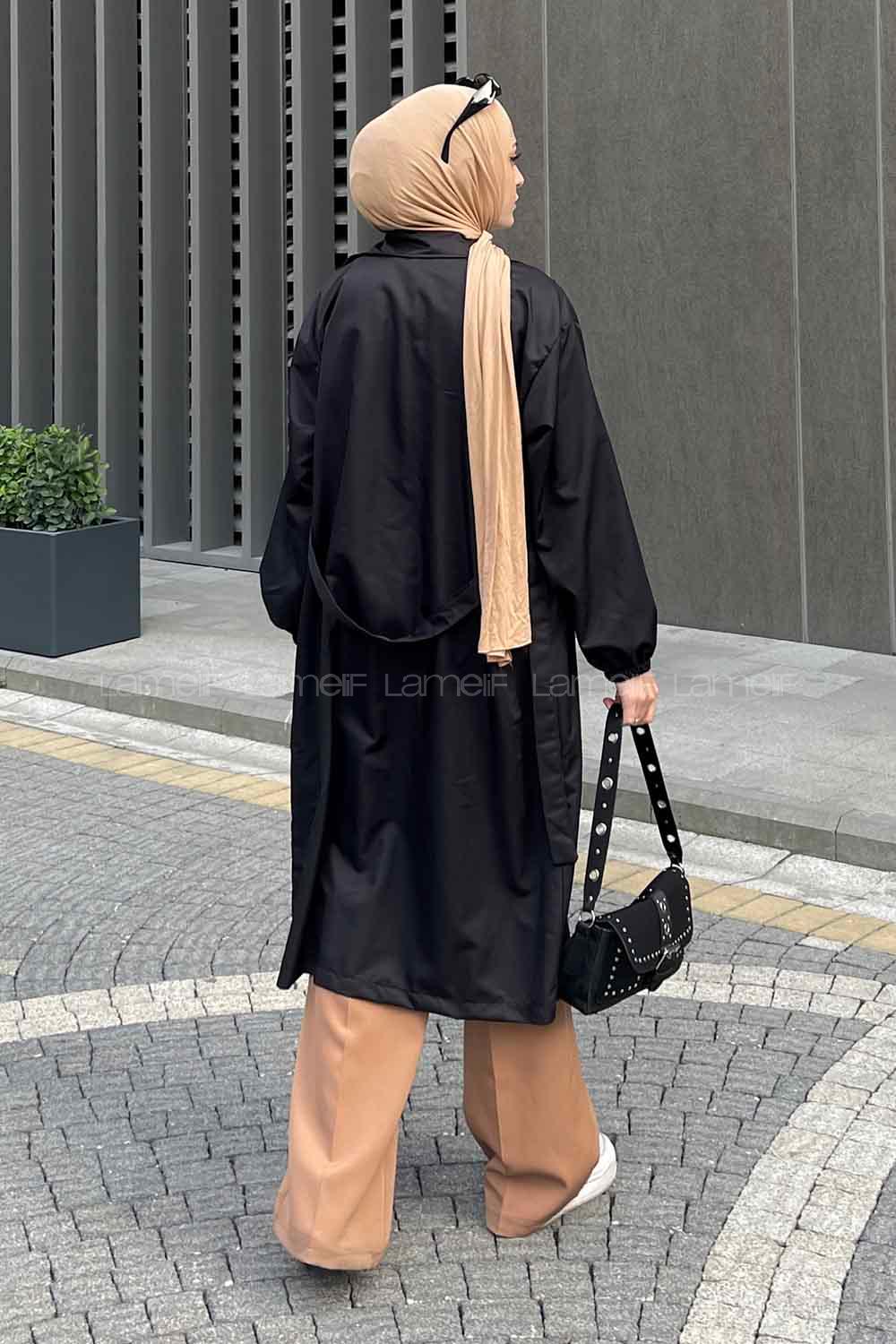 Black Balloon Sleeve Arm Belted Poplin Fabric Trench Coat