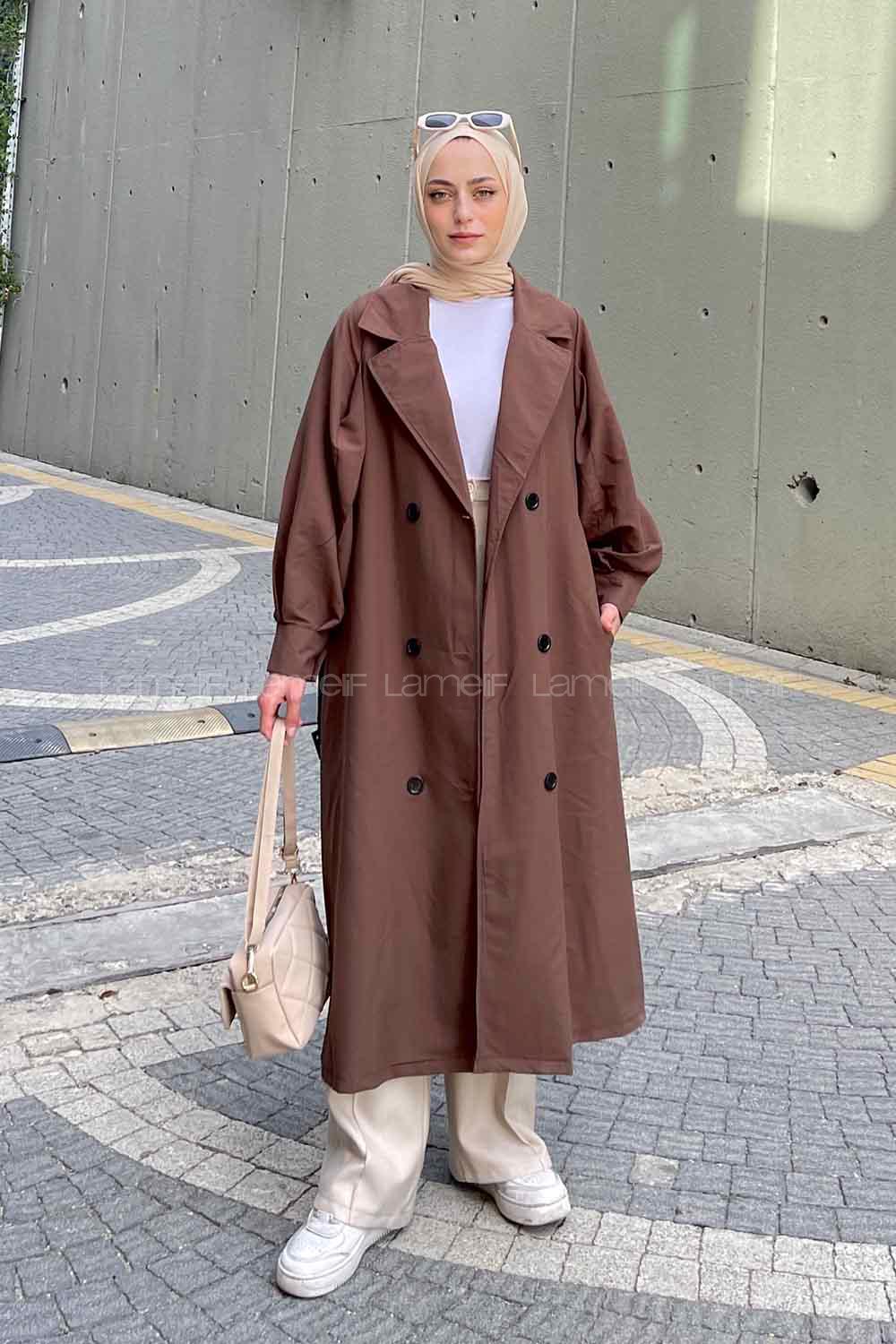Lamelif Önü Düğmeli Mevsimlik Trençkot Kahverengi