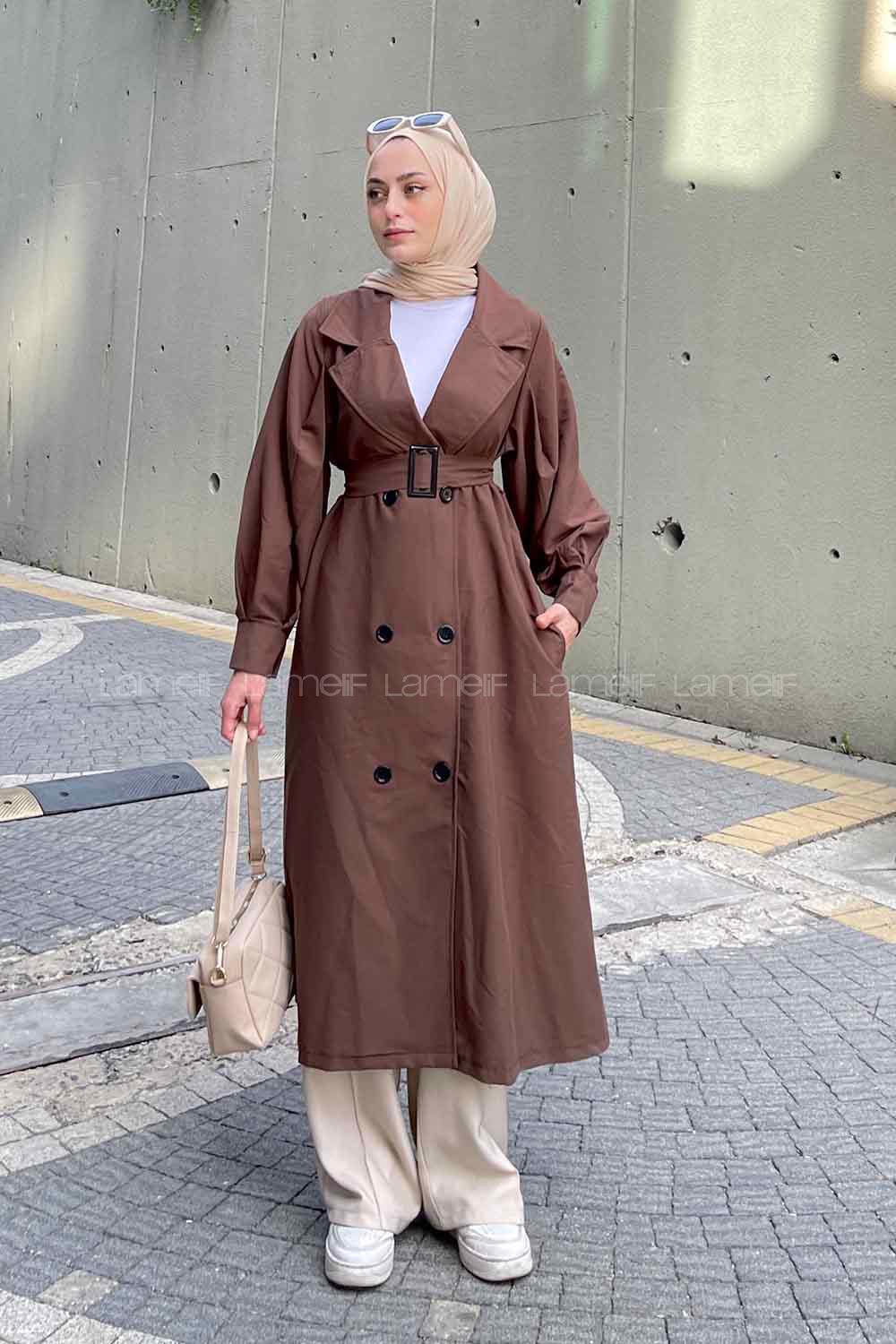 Lamelif Önü Düğmeli Mevsimlik Trençkot Kahverengi