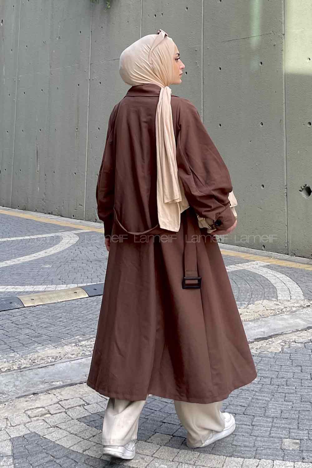 Lamelif Önü Düğmeli Mevsimlik Trençkot Kahverengi