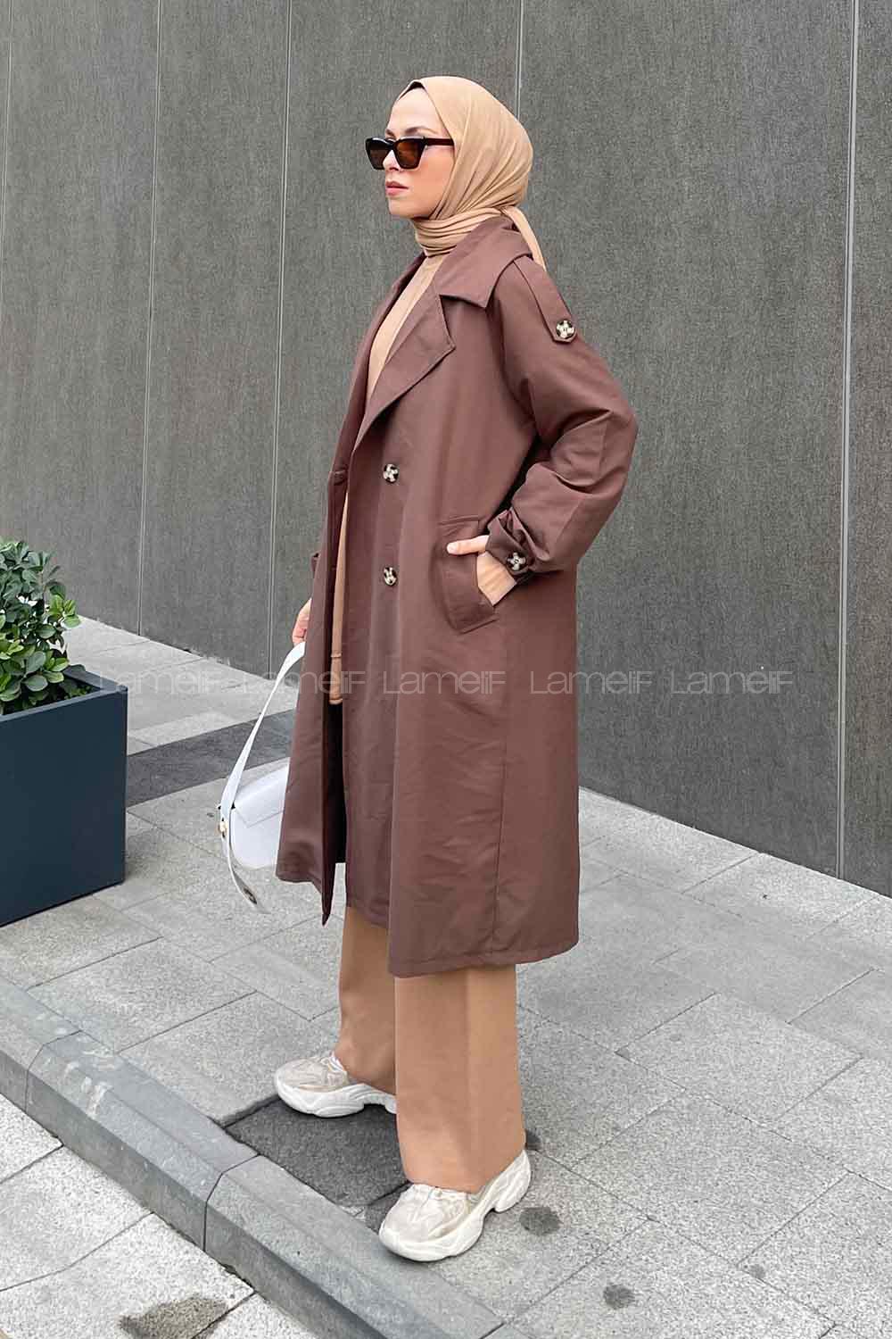Lamelif Rüzgarlık Detaylı Omuz Apoletli Trençkot Kahverengi