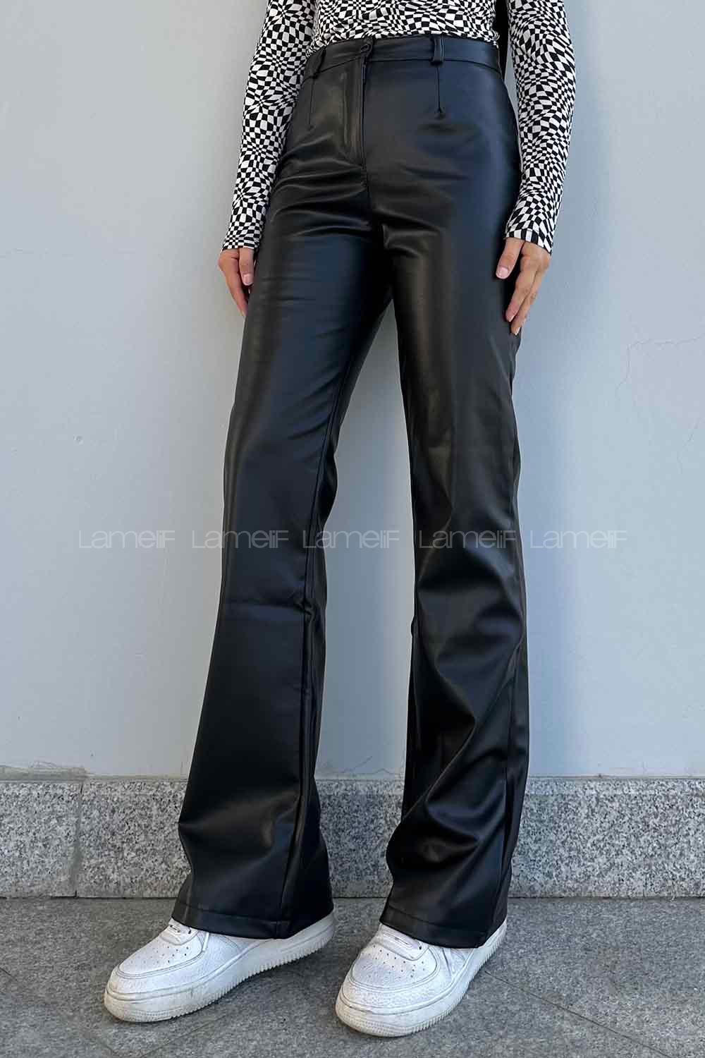 Modalamelif Marino Yüksek Bel Flare Paça Suni Deri Pantolon Siyah