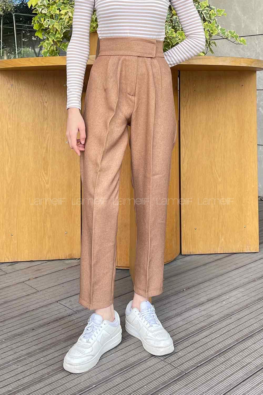 Camel Linen Cotton Fabric High Waist Carrot Pant Pants