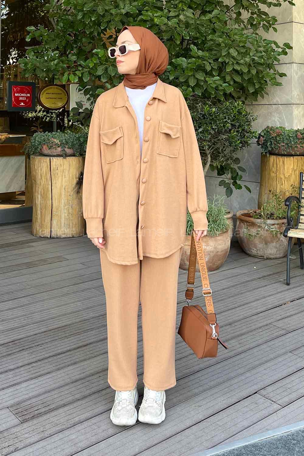 Modalamelif Emma Fitilli Gömlek Takım Camel