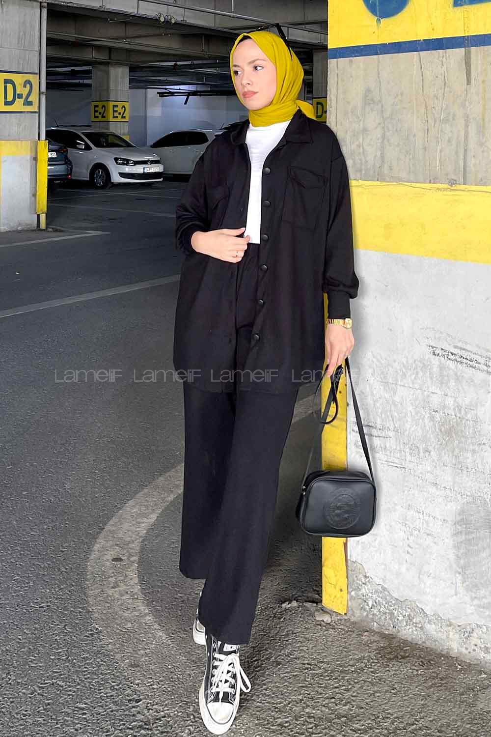 Black Shirt Collar Long Arm Without Accessories Cotton Fabric Regular Trousers Comfortable Suit